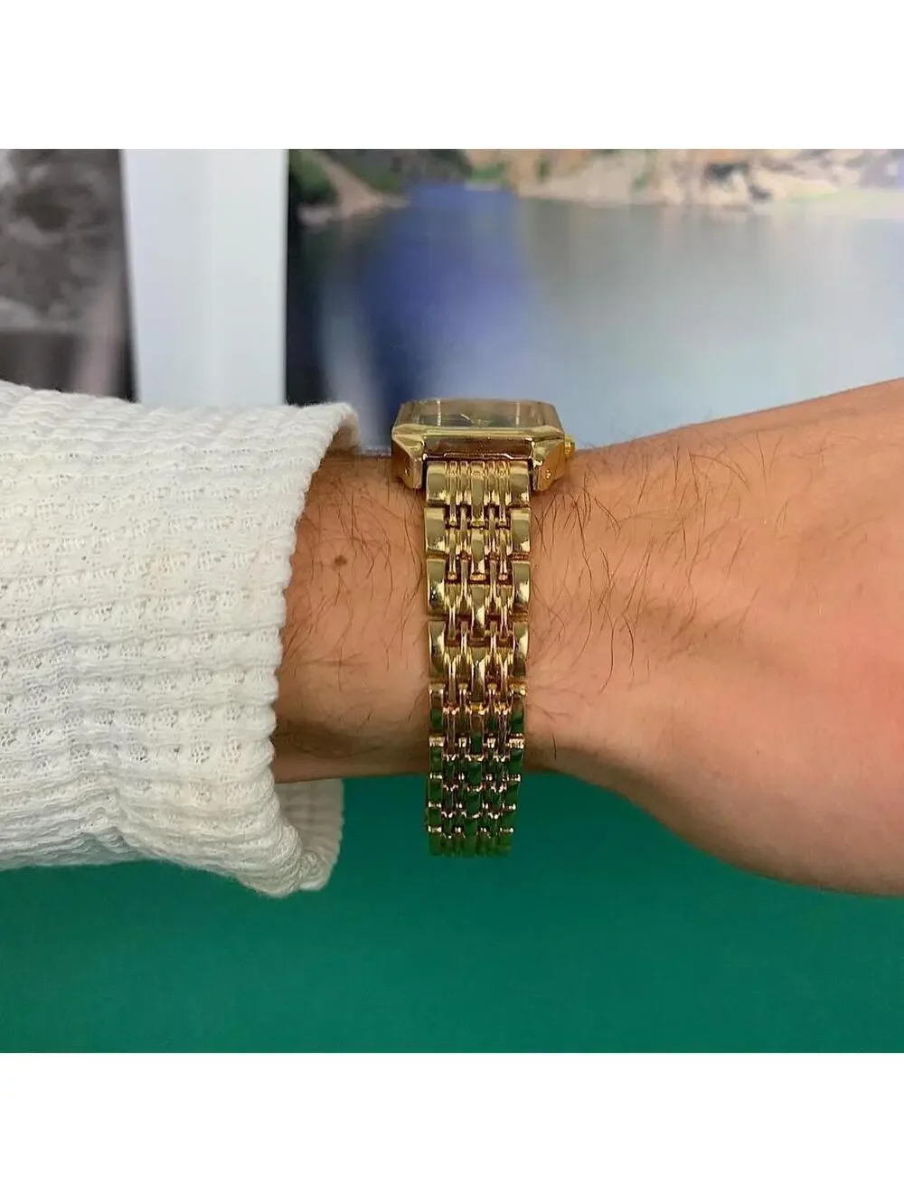 Rectangular Gold and Green face watch